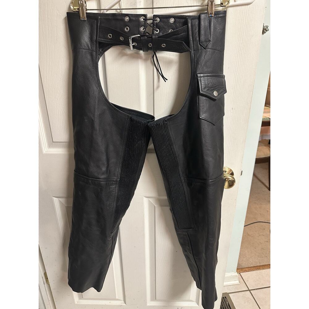 MAS Leather Black Moto 90s Pants Chaps Snap Leg Zip Sides Sm 34 Tie Waist Sissy